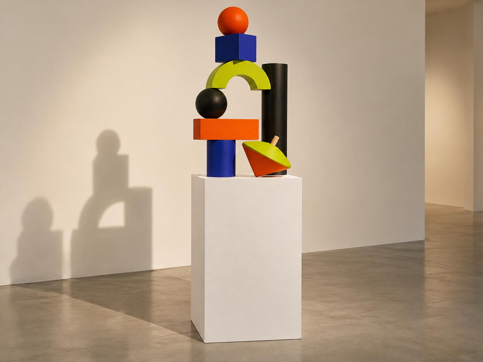 Art installation: abstract coloured wooden blocks, an arch and a spinning top balanced on a white gallery plinth